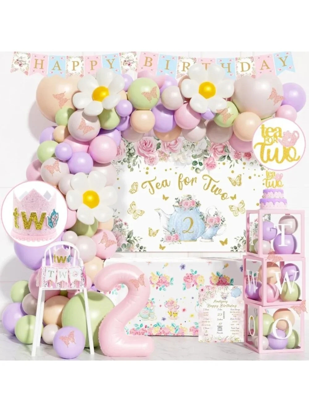Tea Party Decorations for 2nd Birthday - 129 PCs with Teapot Backdrop & Balloons